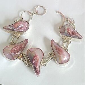 Vintage Boho Pink Pearl Shell Chunky Sterling Silver Chain Bracelet